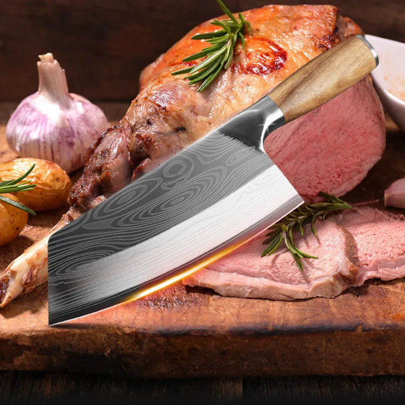A 320mm long stainless steel kitchen knife with a 40cr13 steel blade on a kitchen counter.