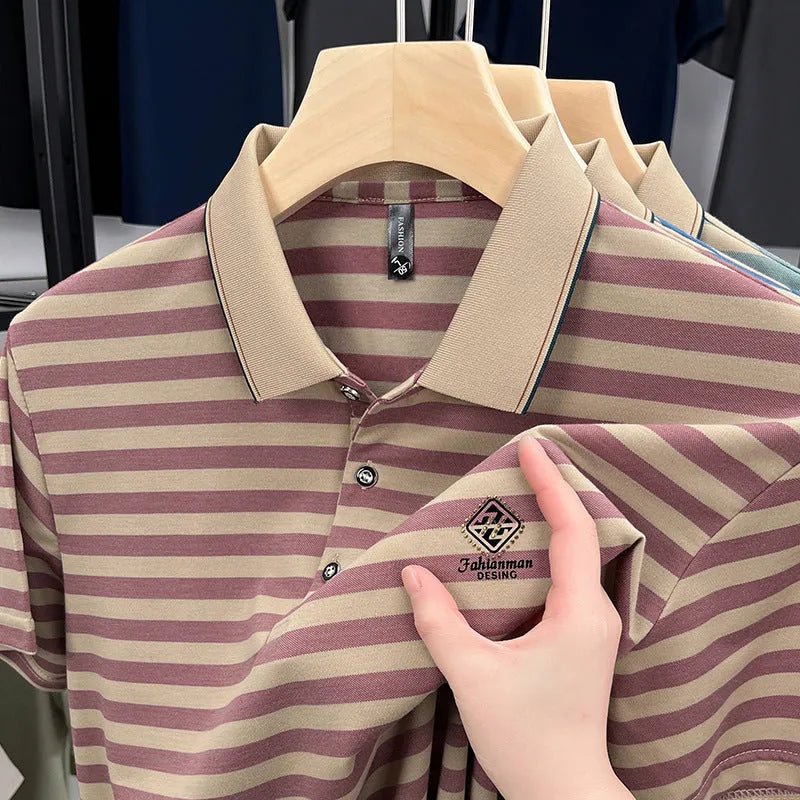 Men's red striped short-sleeve casual shirt with mosaic pattern on polyester fabric