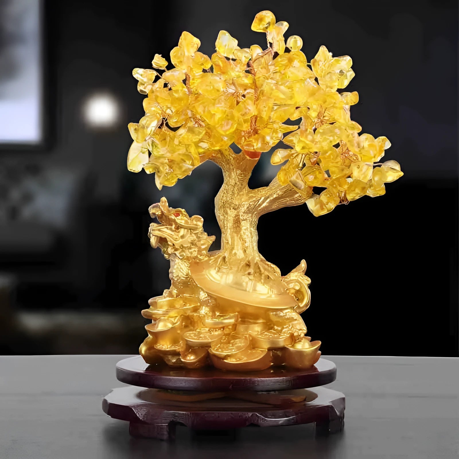 Resin Feng Shui ornament with citrine money tree and small turtle, 23cm high.