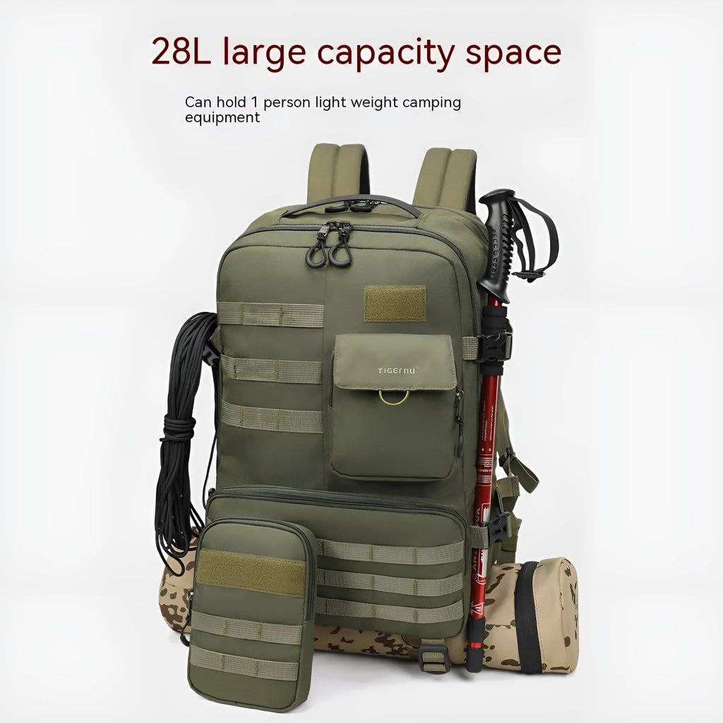 Army Green tactical backpack with waterproof nylon construction showing 17-inch height and organisational compartments