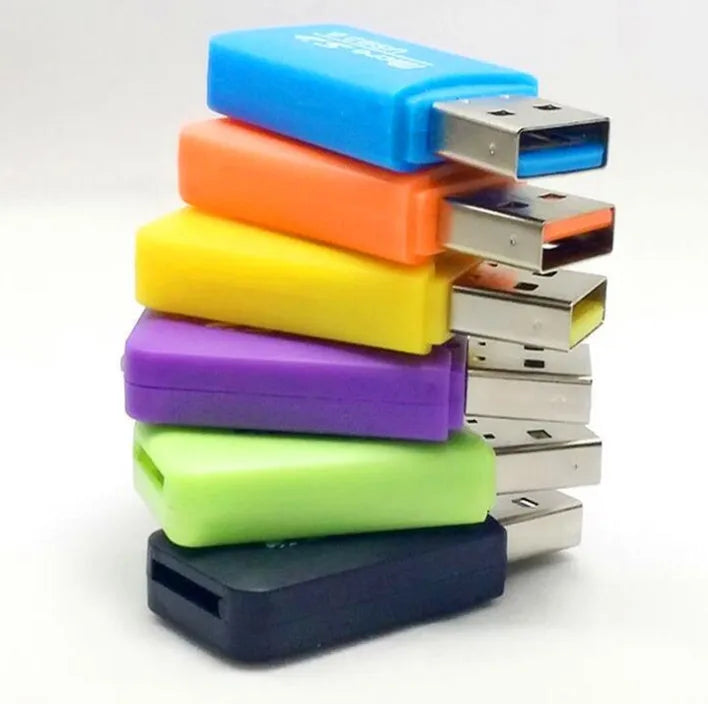 Small silver mini USB card reader with a MicroSD TF card slot for connecting to a computer.