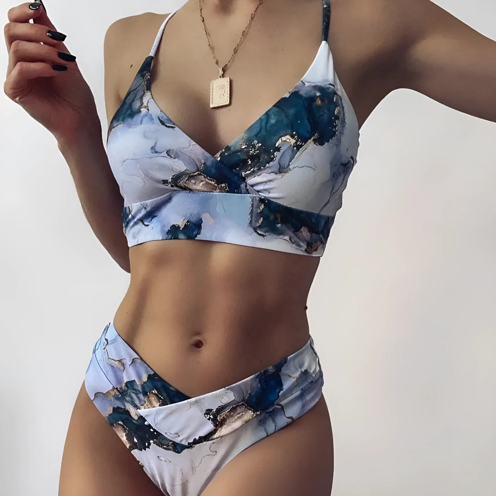 Women's high-waist bikini with marble tie-dye print and U-neck top