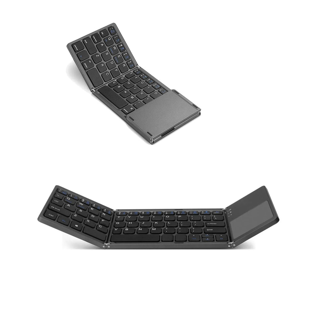 Black tri-fold Bluetooth keyboard unfolded, showing its thin profile and compact size next to a smartphone.