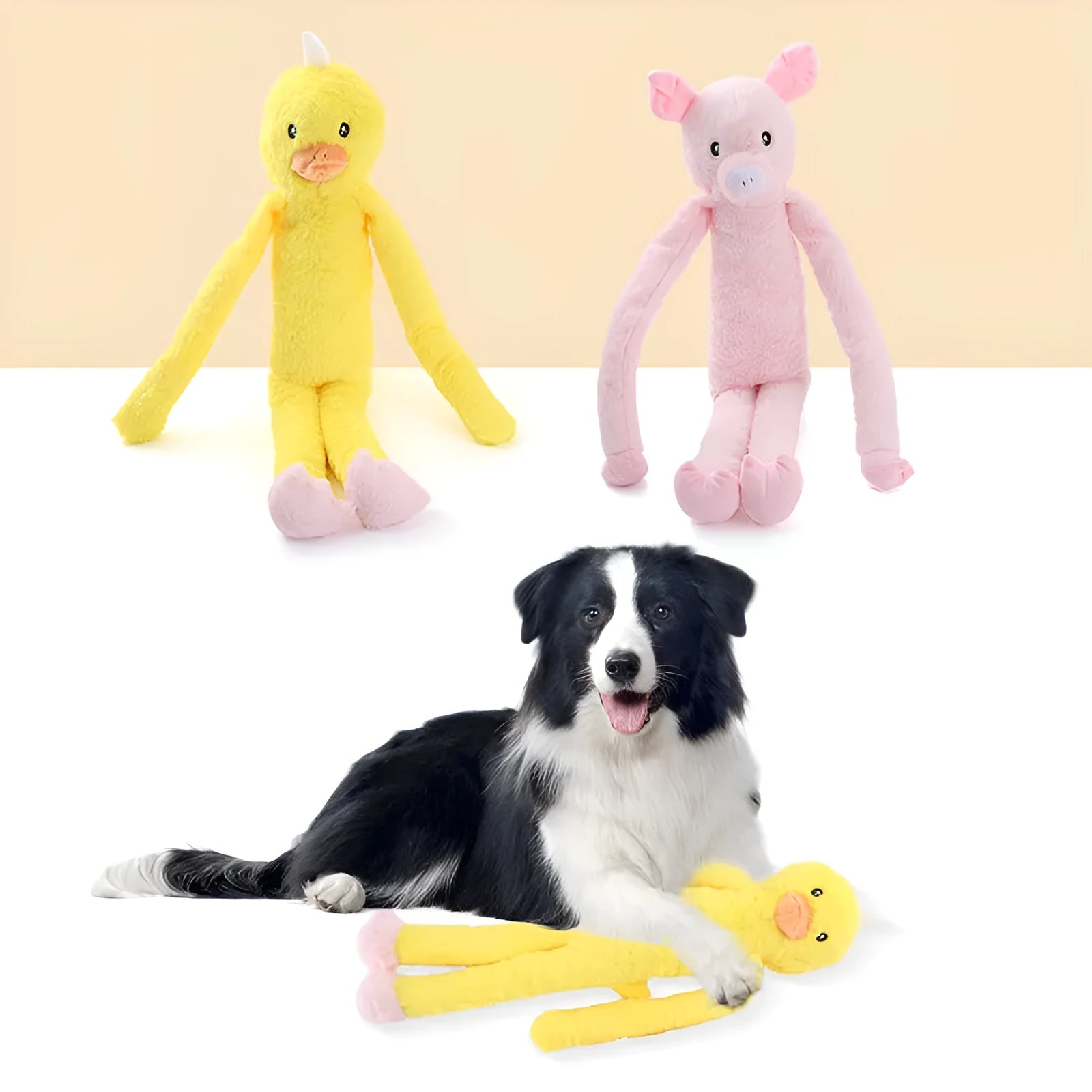 Pink and yellow plush dog toy with rattle sound and teeth cleaning design for large breeds
