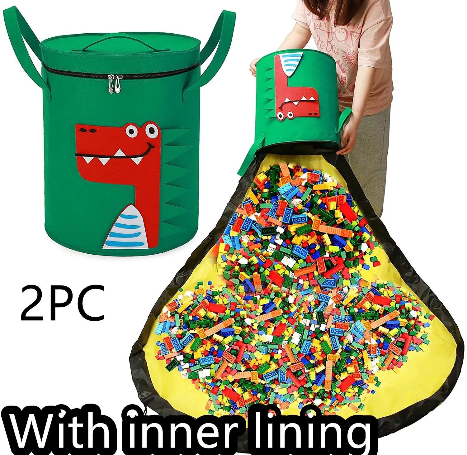 Green felt cube storage bag open as play mat with toys inside and pull rope visible