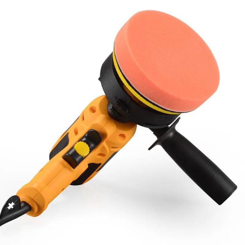 Yellow automotive polishing machine with 125mm disc on workbench