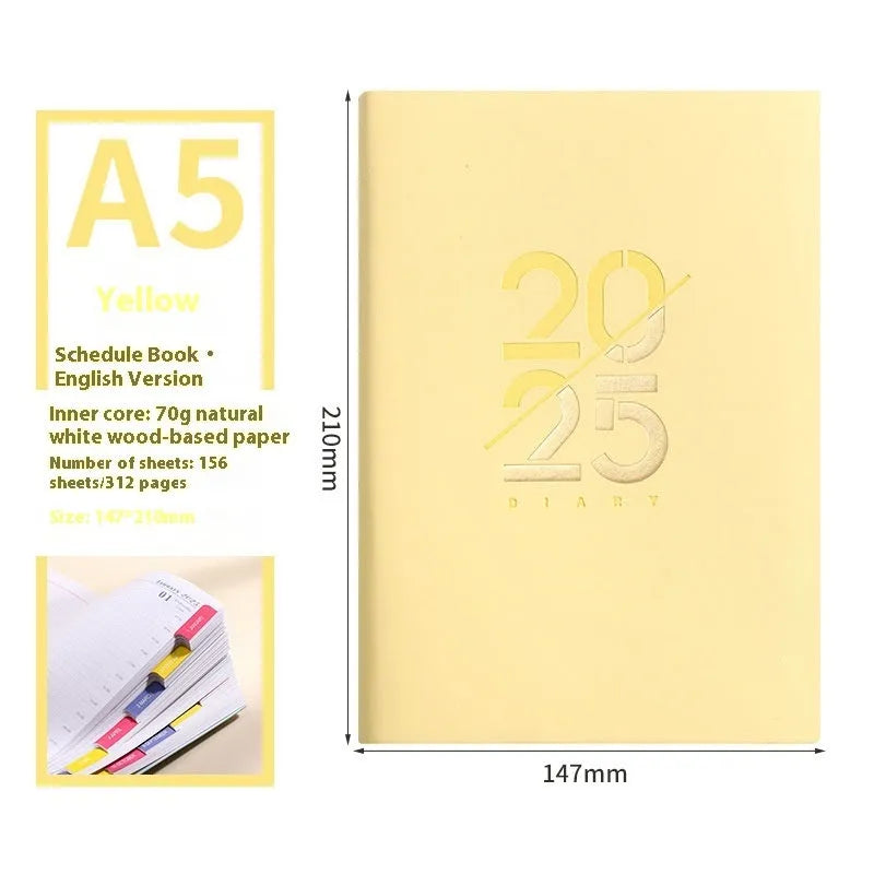 Soft cover A5 daily planner schedule book in blue, showing lay-flat binding and faux leather texture.