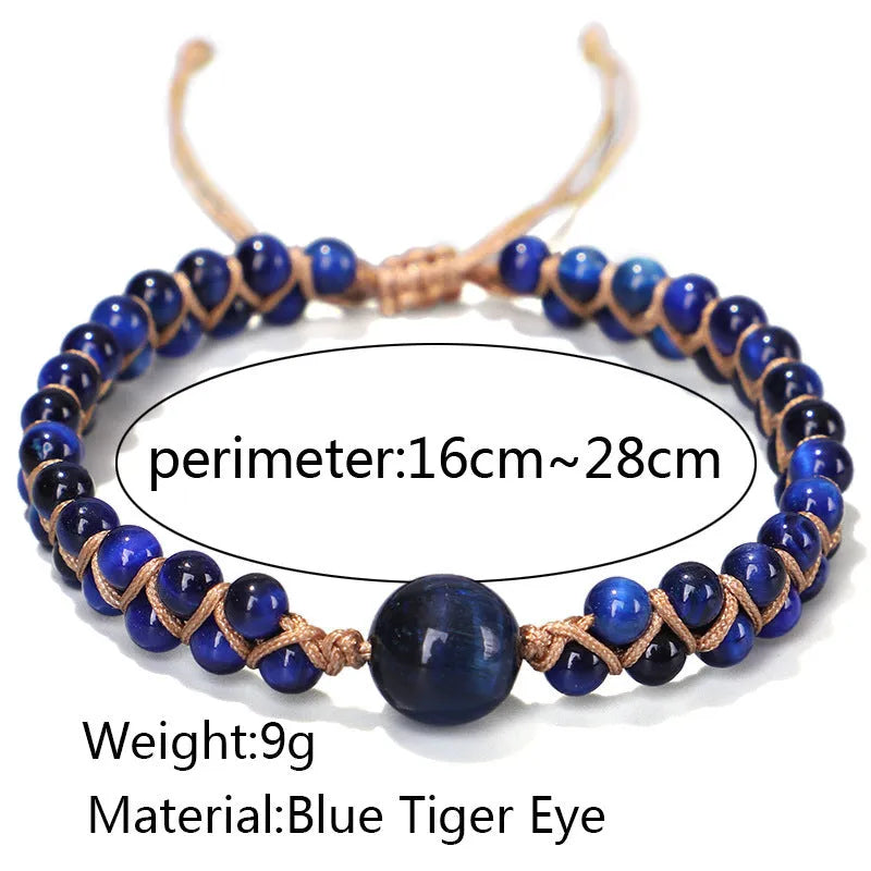 Handmade woven geometric pull bracelet in blue tigereye stone with adjustable cord