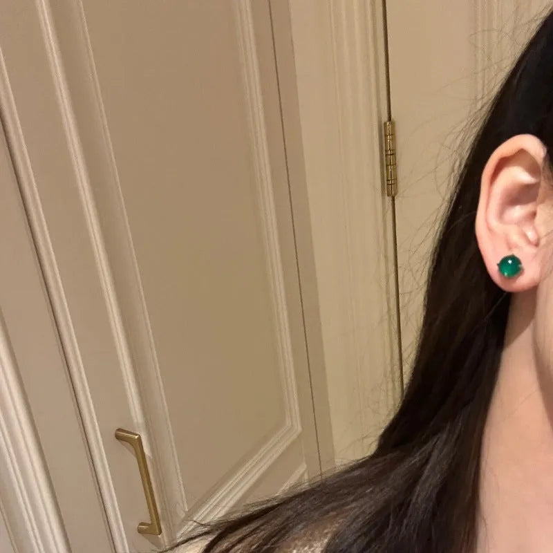 Round geometric chalcedony stud earrings with four-claw setting in Chinese National Fashion style
