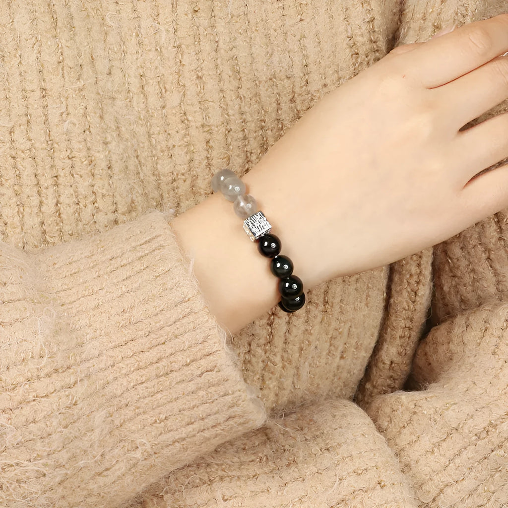 Khaki crystal couple bracelet with geometric Chinese style design measuring 10mm