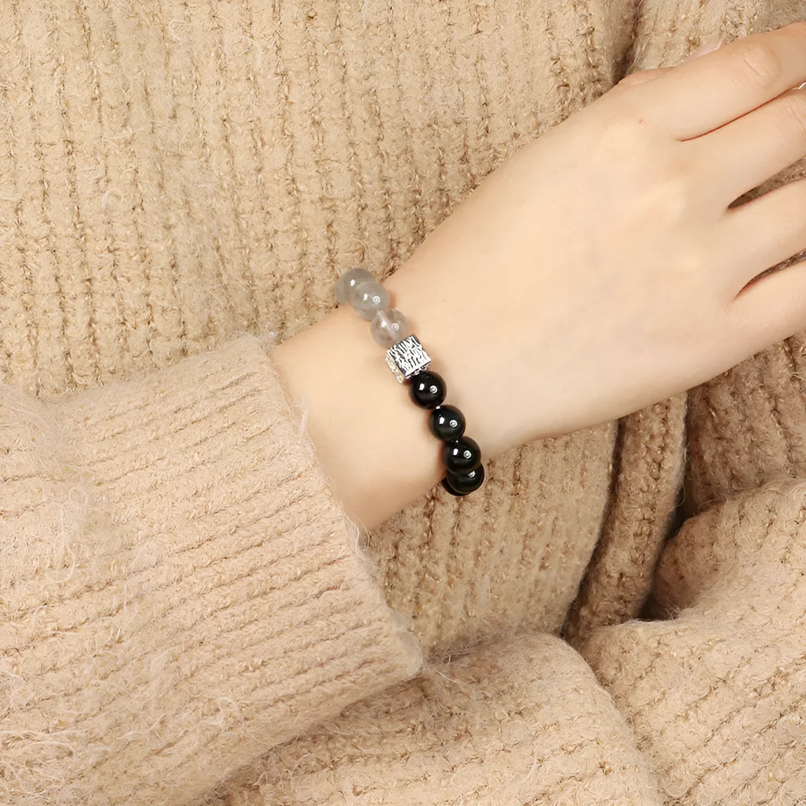 Khaki crystal couple bracelet with geometric Chinese style design measuring 10mm