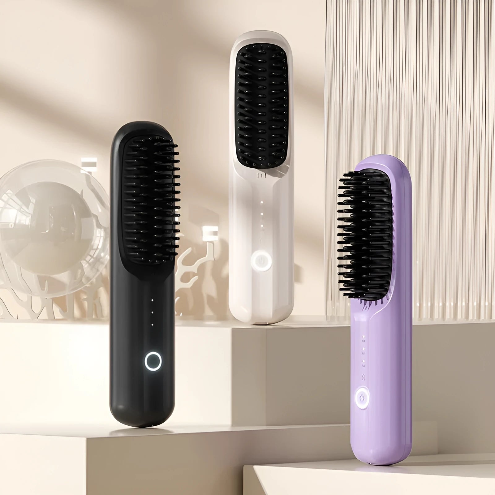 Wireless anion hair straightening comb in beige, pink, purple, or black colour options.