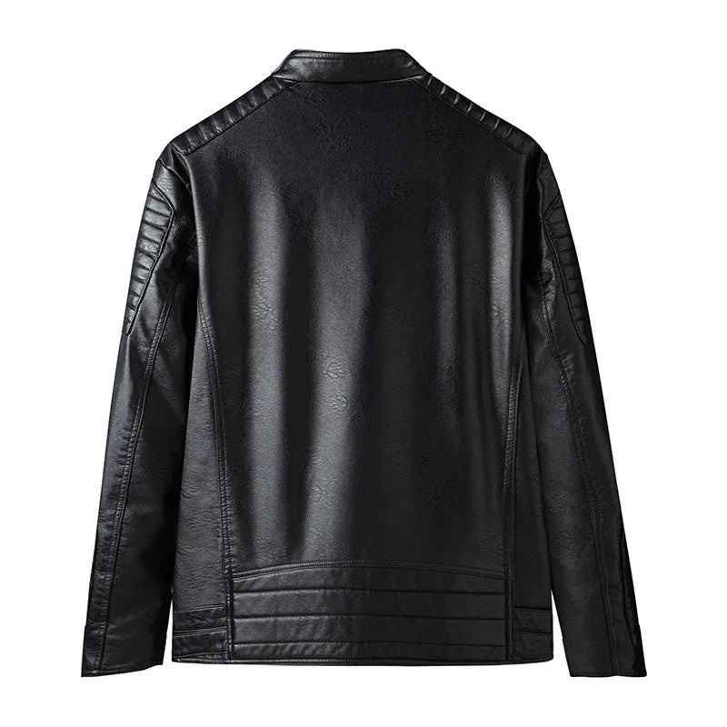 Men's black PU leather motorcycle jacket with zipper pocket, regular length 50cm