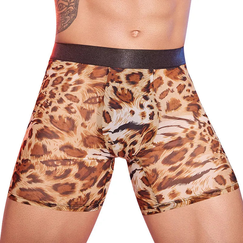 A pair of men's leopard print boxer shorts made from nylon fabric.