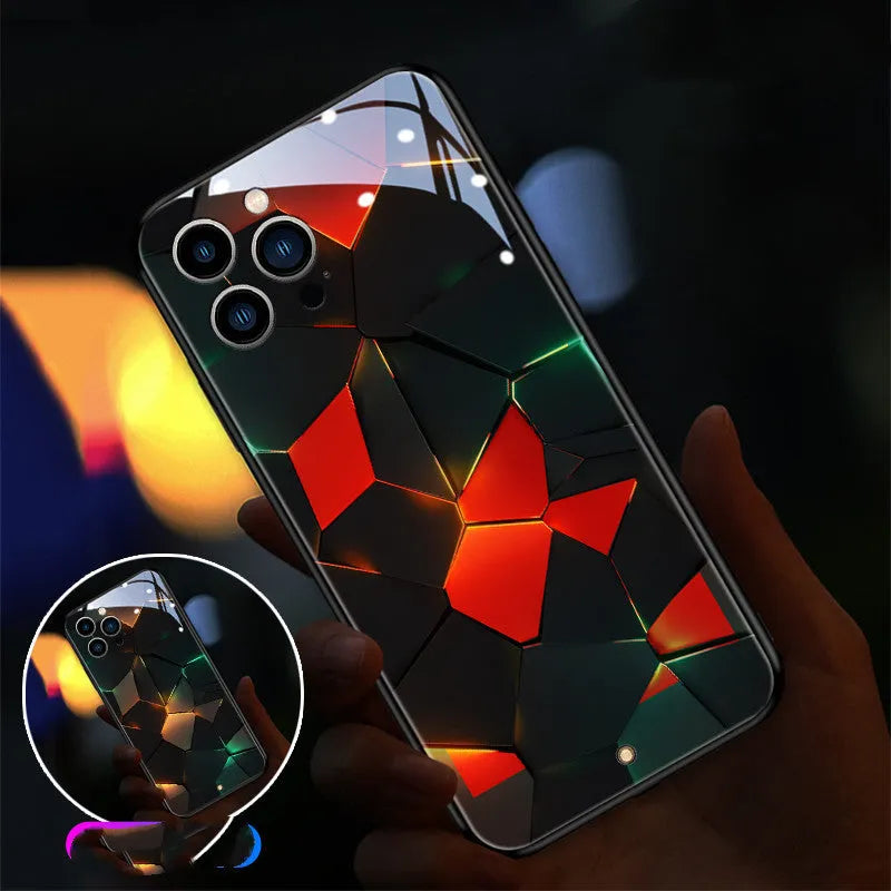 Clear tempered glass iPhone case showing Lightning Rhombus design on a phone.