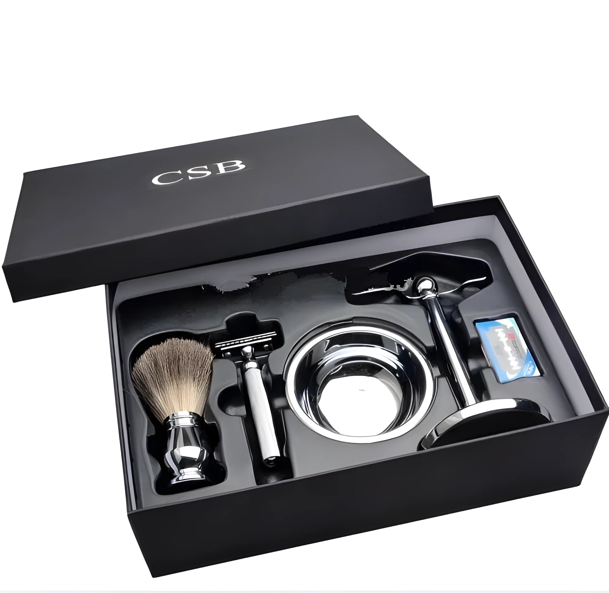 CSB men's shaving set with badger hair brush, chrome safety razor, stand, bowl, and blades in a black box.