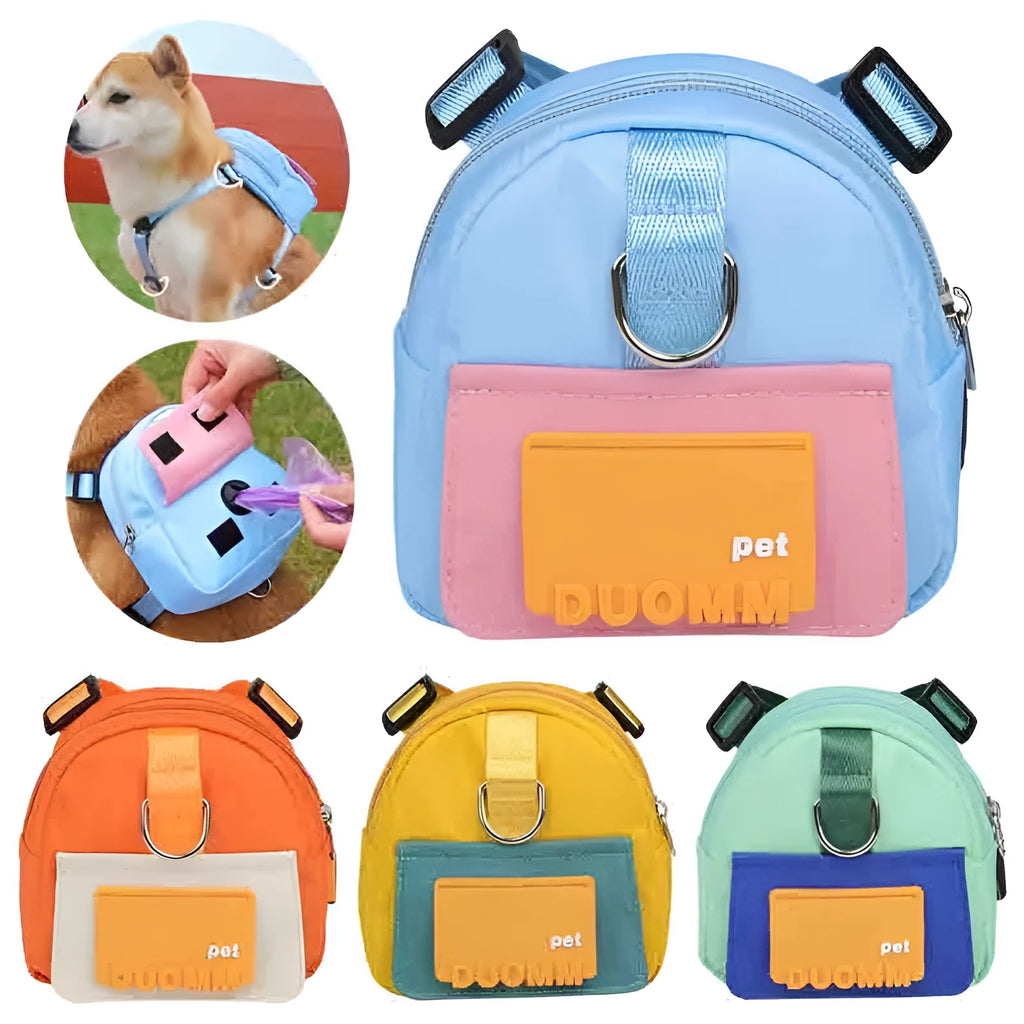 Blue adjustable dog backpack harness with storage pockets and a built-in tow rope laid flat.