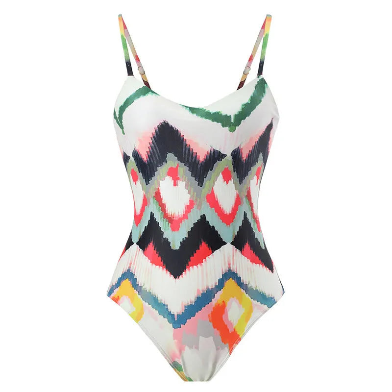 Women's two-piece beach swimsuit set with matching hip skirt in striped pattern