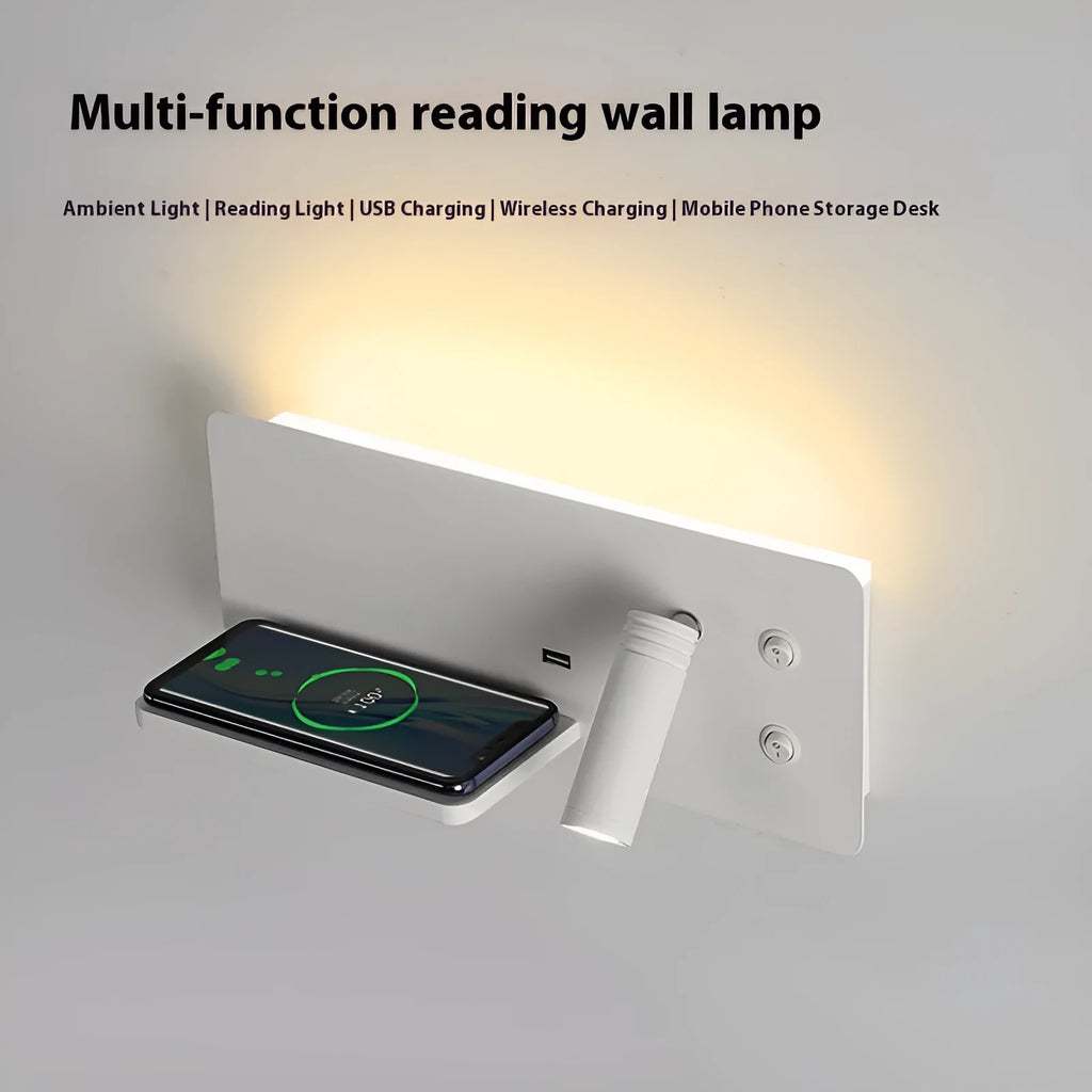 Modern bedside wall lamp with wireless charging base and warm LED light in iron shade