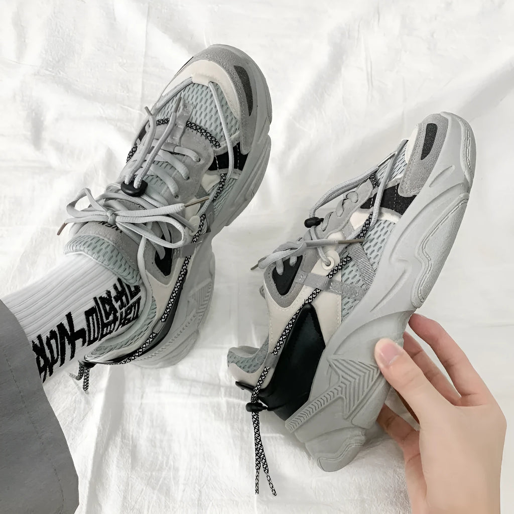 Men's Korean style platform dad shoes in white with mesh lining and lace-up front