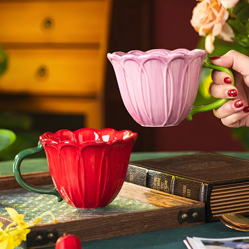 Red and purple ceramic breakfast mugs with floral pattern, 500ml capacity.