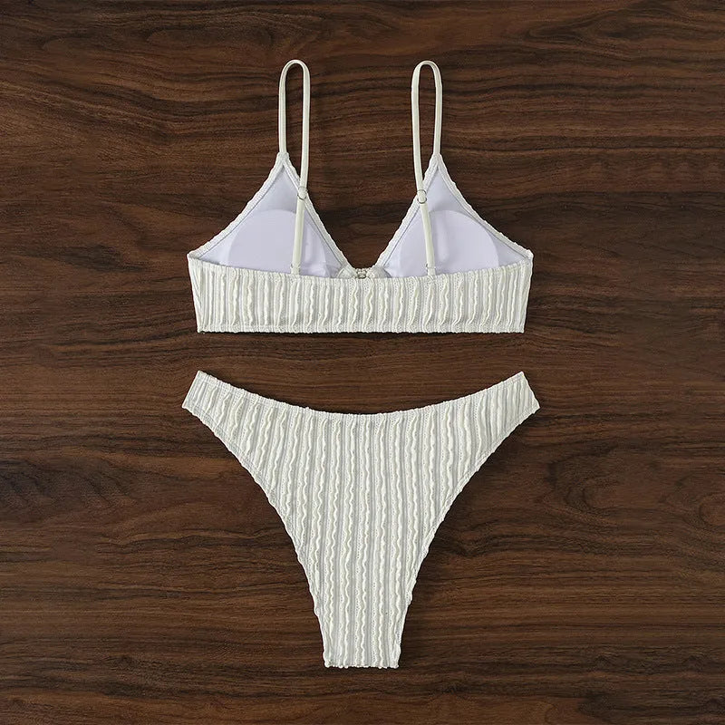 White women's V-neck beach swimsuit with matching shorts for swimming