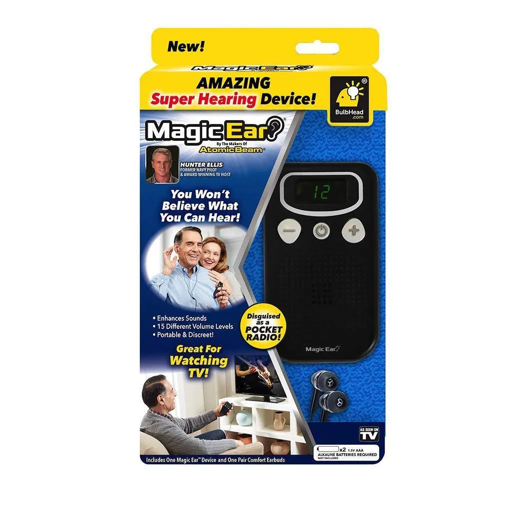 Magic Ear digital hearing amplifier with background noise reduction in handheld radio-style design