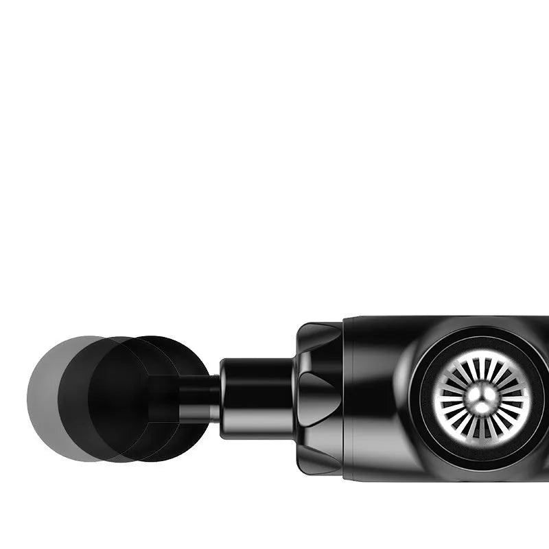 Black and white cordless electric massage gun for muscle relaxation.