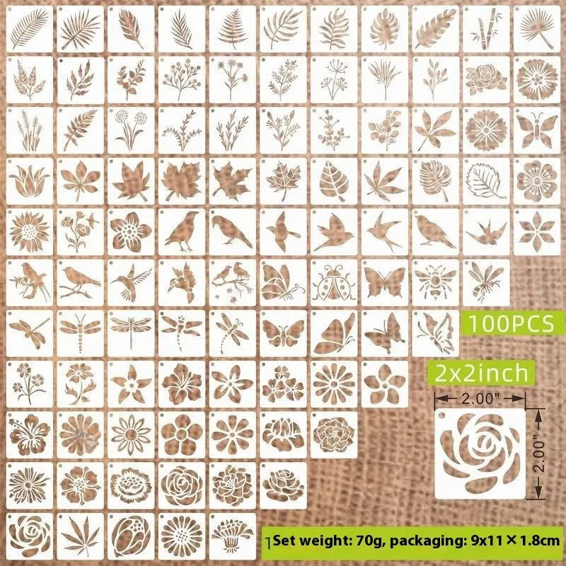 Milky white PET film spray painting stencils showing flower, animal, Hawaiian, and letter designs at 2-inch size