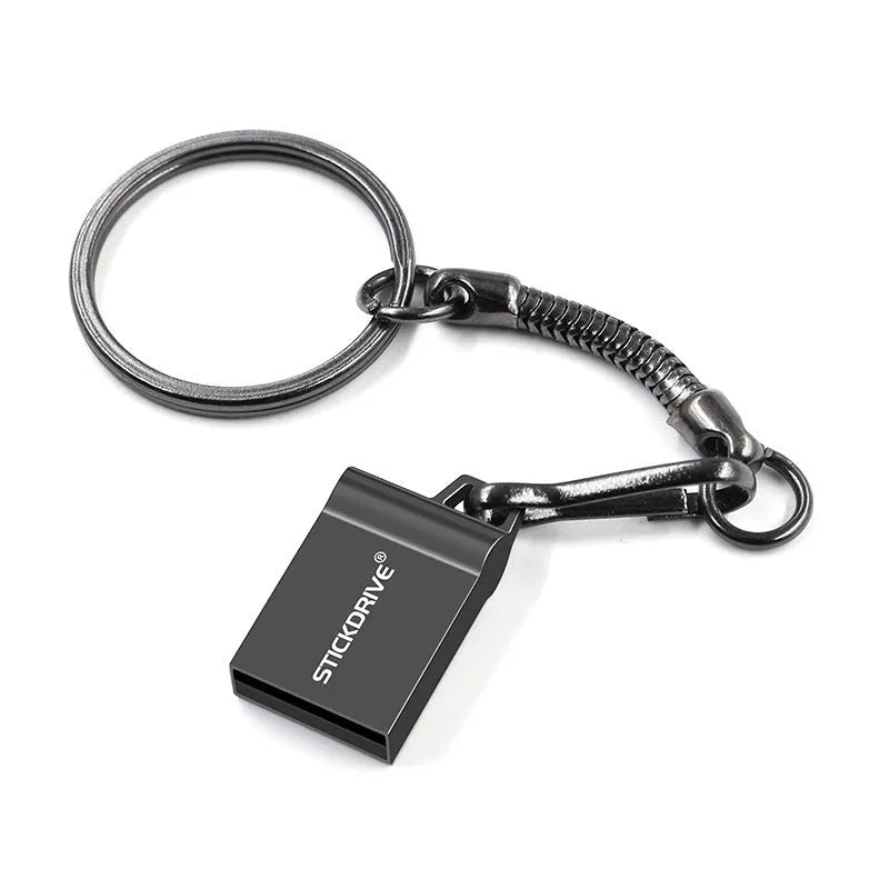 Silver and black metal USB flash drive on a necklace chain, showing lanyard and capacity options.