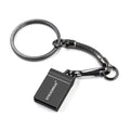 Silver and black metal USB flash drive on a necklace chain, showing lanyard and capacity options.
