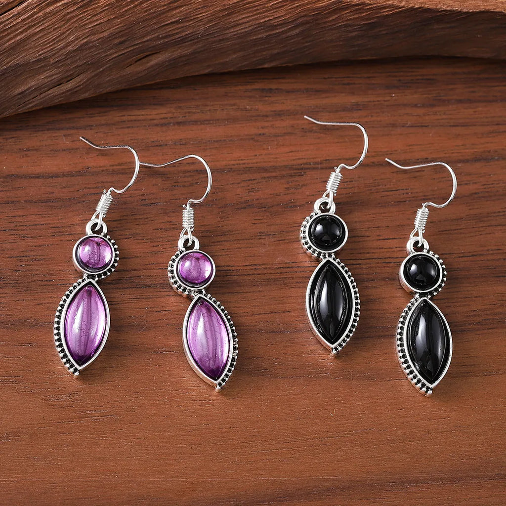 Black and purple geometric pendant earrings with round shapes and electroplated zinc alloy construction
