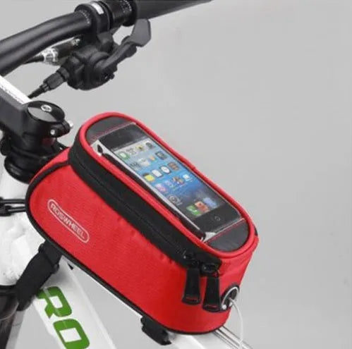 ROSWHEEL PVC bicycle frame bag for mobile phones in multiple colours mounted on a bike.