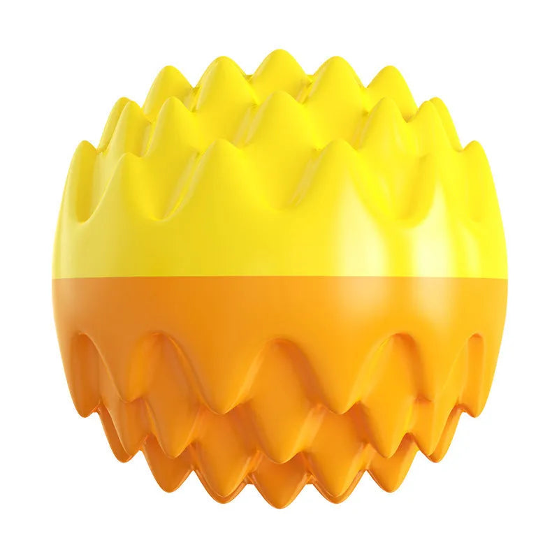 Blue rubber dog ball toy with spiky texture and squeaker for dental cleaning and water fetch