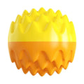 Blue rubber dog ball toy with spiky texture and squeaker for dental cleaning and water fetch