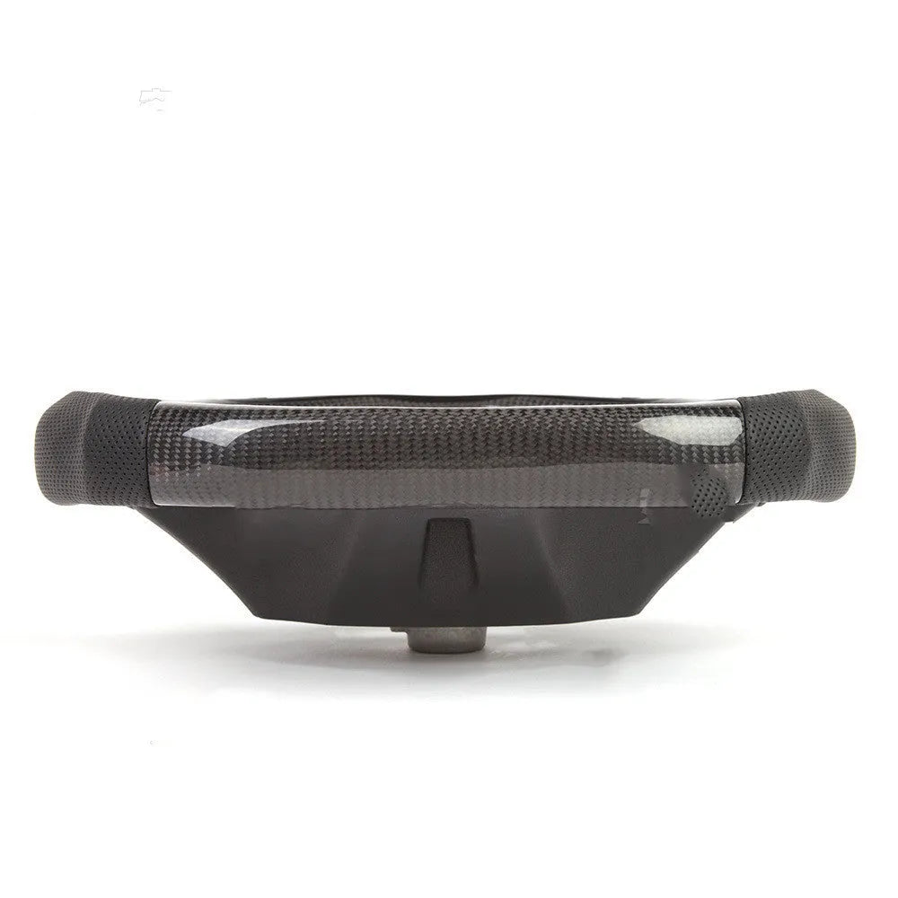 Black carbon fibre BMW sports steering wheel with integrated LED multifunctional display.