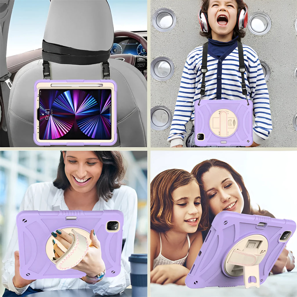 Rotating bracket strap silicone protective case for Apple iPad Pro 11 in colourful rose gold.