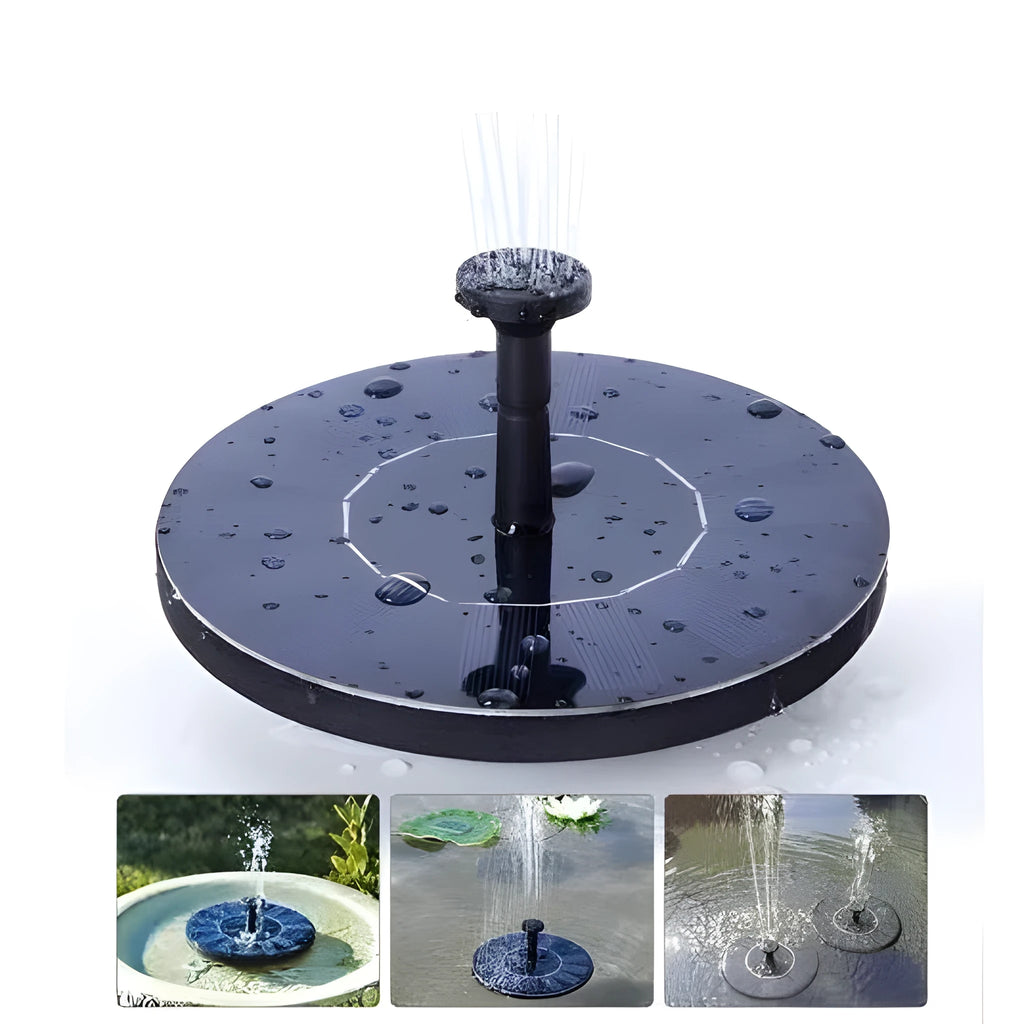 Black solar-powered floating fountain pump with four different nozzles on a 16cm square base.