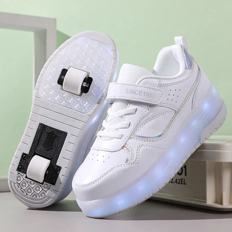 Child wearing rechargeable roller skates with illuminated flash wheels in a choice of colours