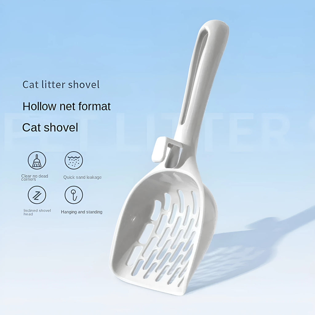 Grey plastic cat litter scoop with a built-in self-cleaning base and removable waste tray.