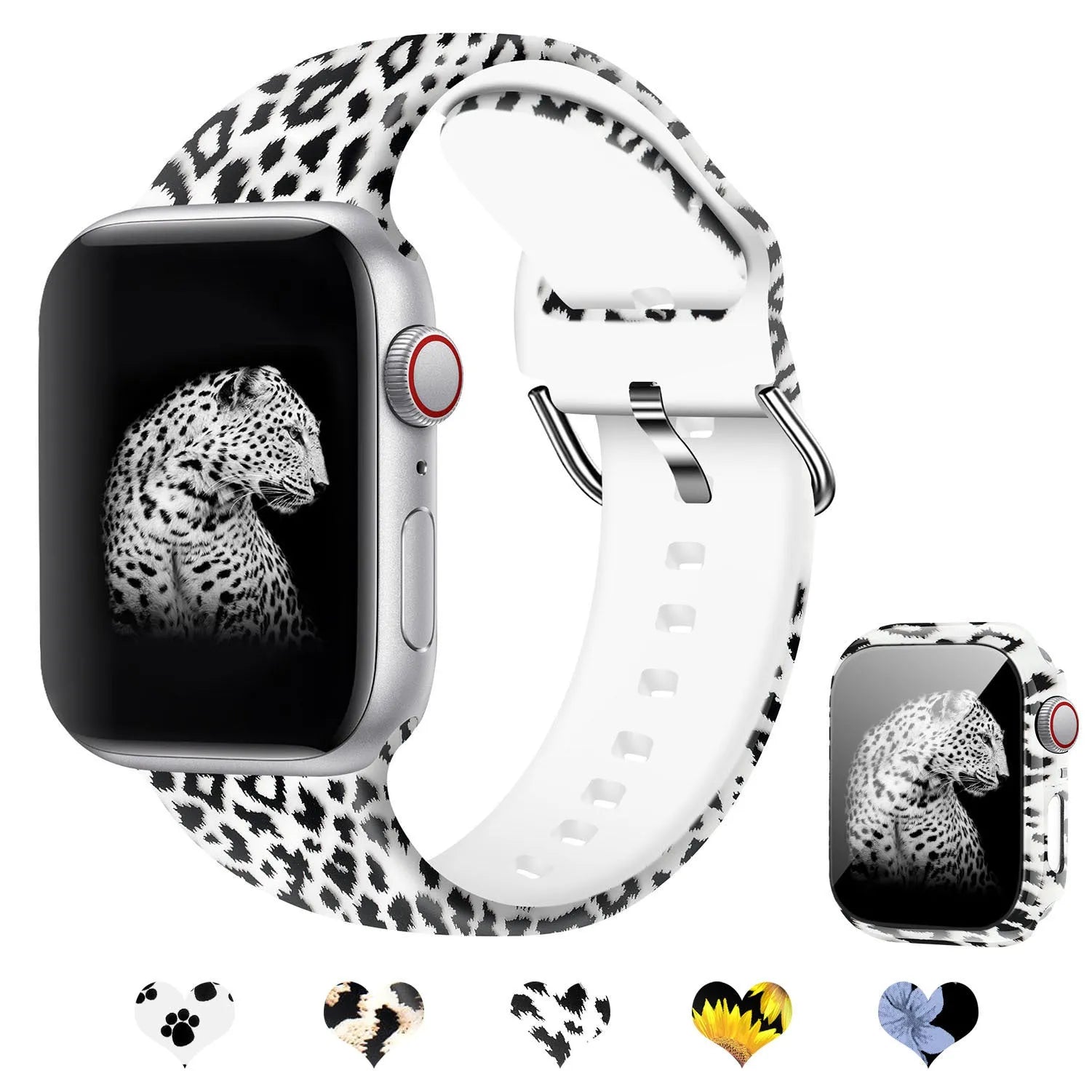 Printed silicone Apple Watch compatible strap shown in multiple design styles for 38mm 40mm 42mm 44mm cases.