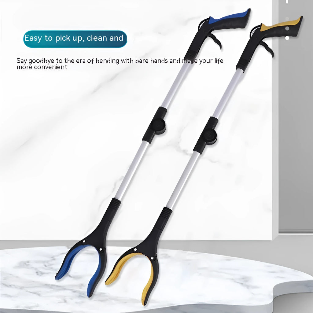 Foldable aluminium garbage clamp with blue handle and magnet sucker, shown extended and collapsed.