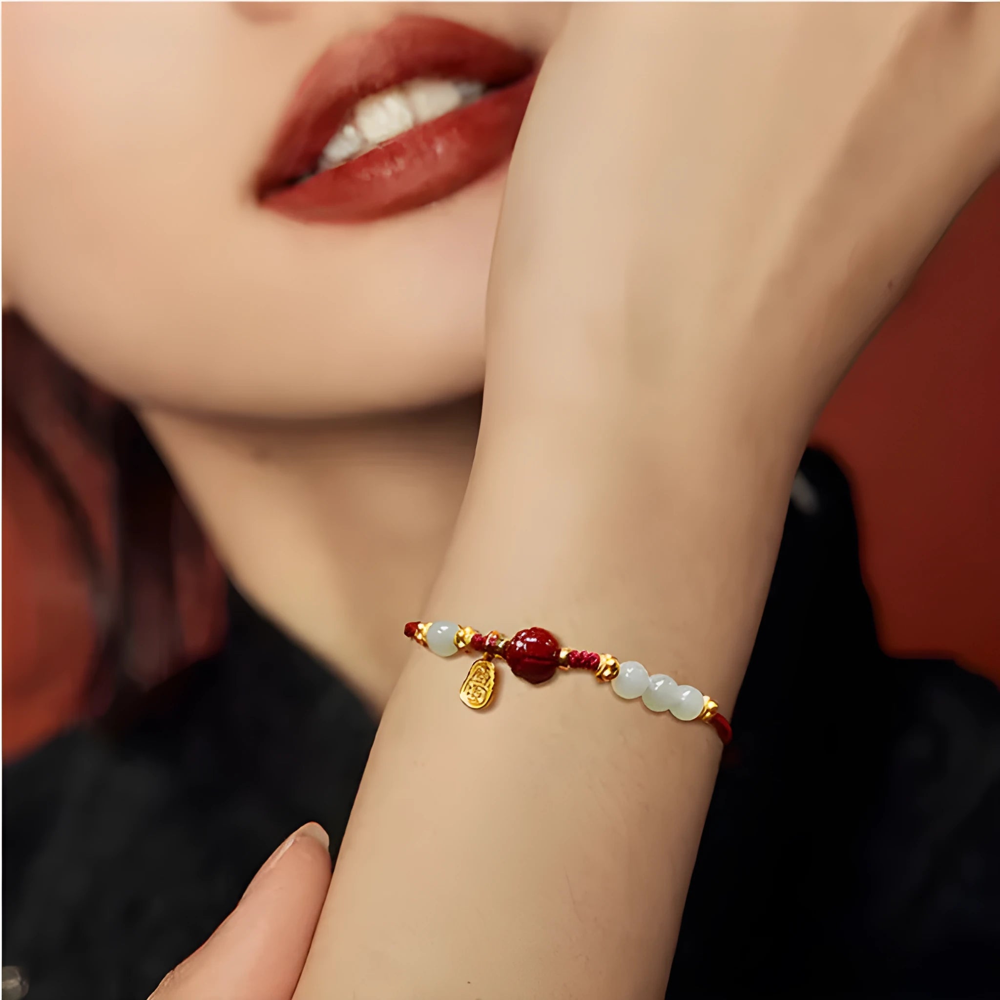 Hetian jade and cinnabar red rope women's bracelet with adjustable 925 silver chain