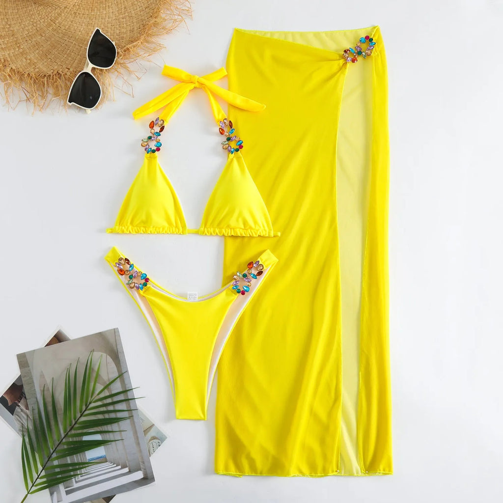 Three-piece swimsuit bikini set with mesh long skirt in solid colour diamond print