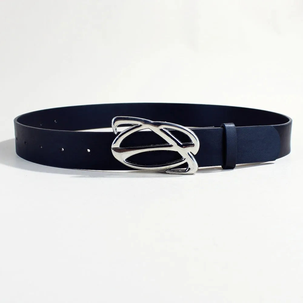Silver buckle on a brown PU leather snap button belt laid flat showing its length.