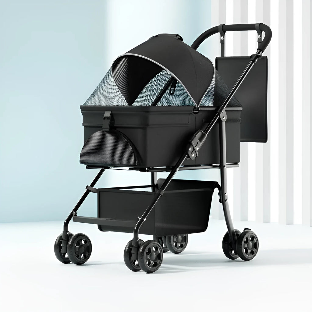 Black folding pet cart with one-click mechanism and removable design for pet transportation