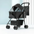Black folding pet cart with one-click mechanism and removable design for pet transportation