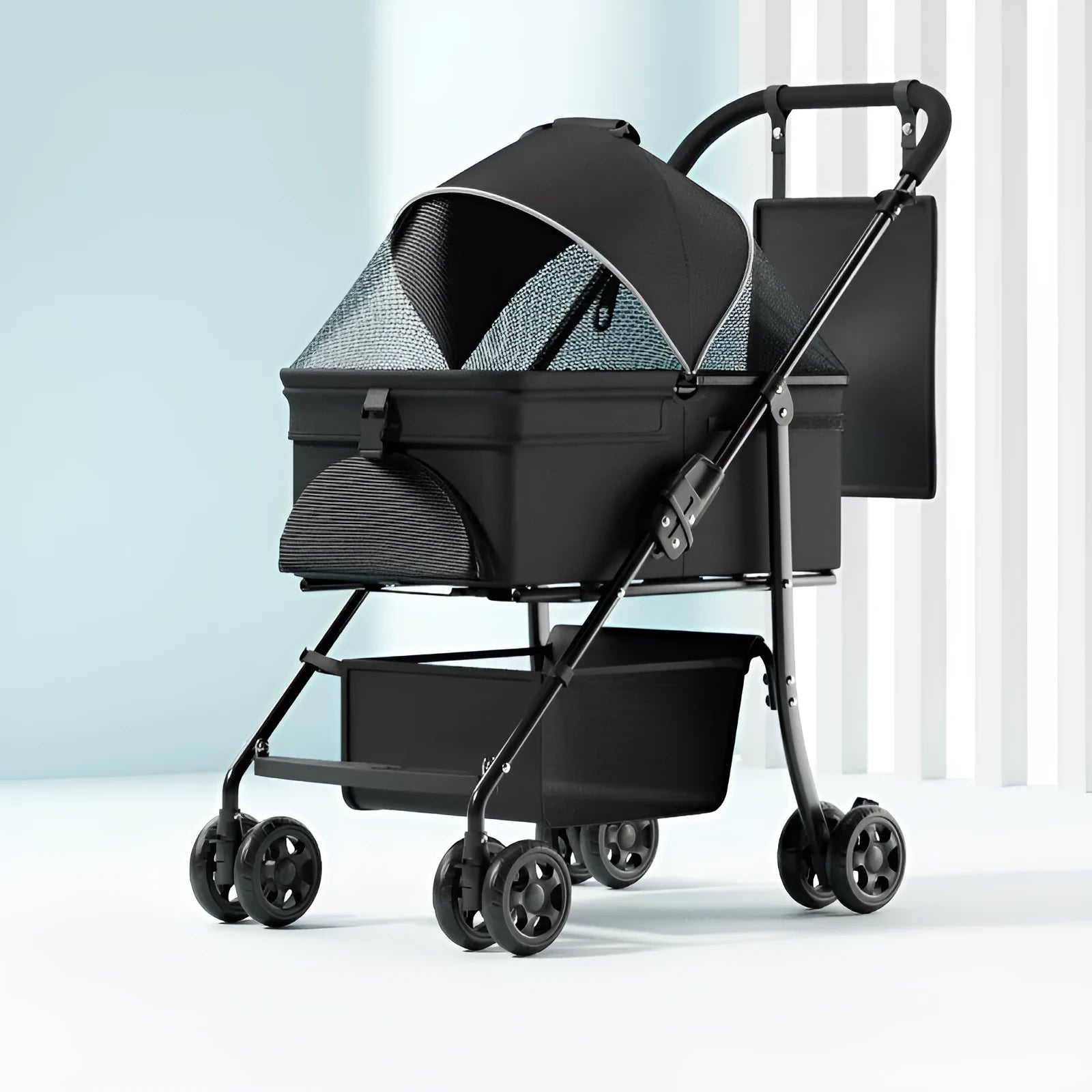 Black folding pet cart with one-click mechanism and removable design for pet transportation