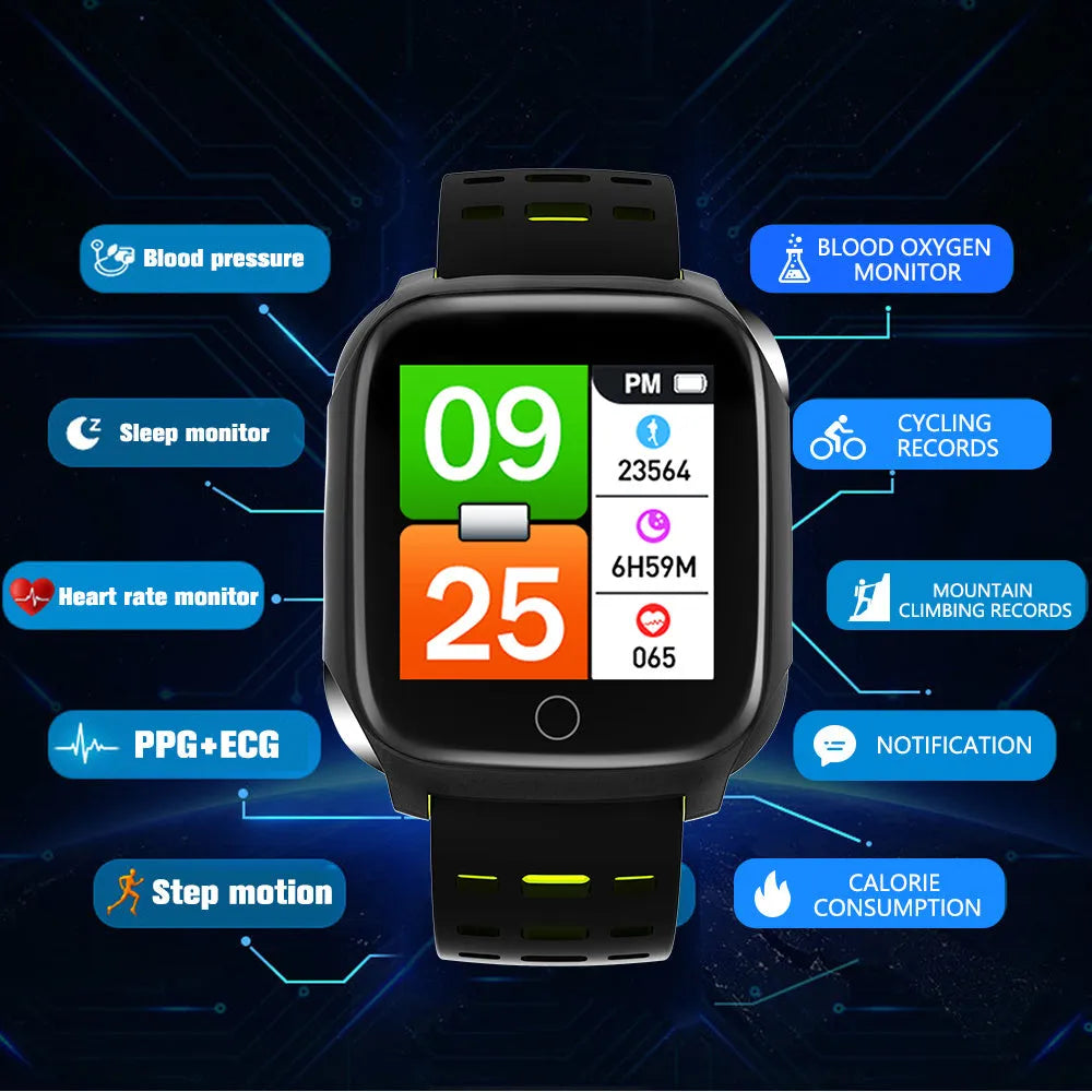 F16 Smart Watch with ECG monitoring on wrist in black/green colour combination
