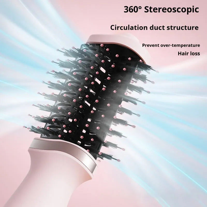 Pink YZM-8015 multifunctional hair dryer with attached comb and curling comb on a white background.